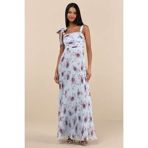 NWT Lulus Gorgeous Purpose Blue Floral Pleated Sleeveless Bow Maxi Dress Size XL